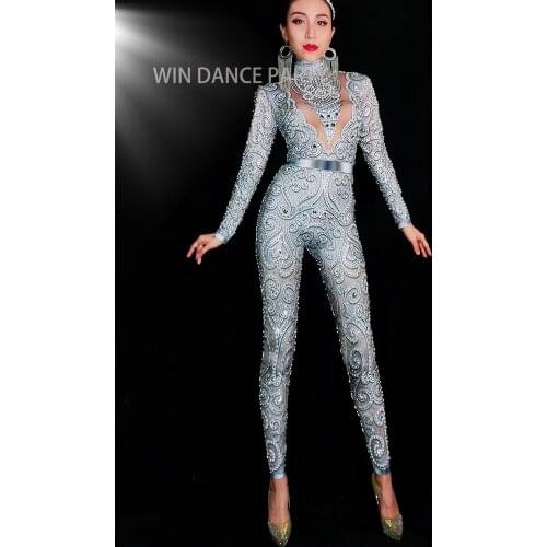 Women pole dance wears bodysuit pearl diamonds jumpsuit tight outfits disco performance costumes singer show dress clothe