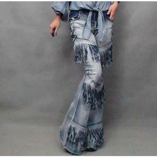 New Fashion Sexy Womens Vintage Chic Bell Bottoms Denim Female Wide Flared Jeans Lace Up Tassel Ladies Long Pants Stretchy