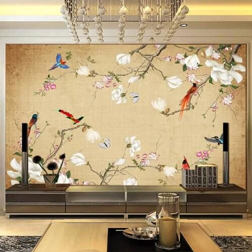 Custom Any Size Mural Wallpaper 3D Stereo Flowers Birds Chinese Style Hand Painted Photo Wall Painting Living Room TV Sofa Decor