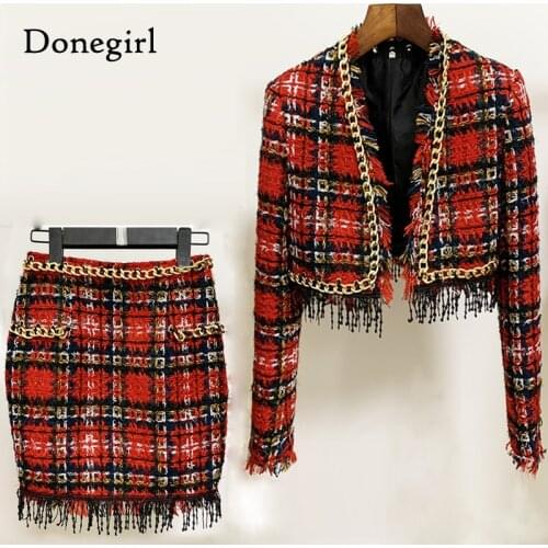 2021 Spring Autumn Women Suits Plaid Skirt Set New casual double-breasted tweed plaid ladies jacket Slim Elegant Bust Two-piece