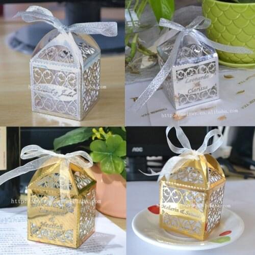 Laser Cutting Creative Golden Silver Ribbon Wedding Favours Party Gift Candy Paper Box- filigree