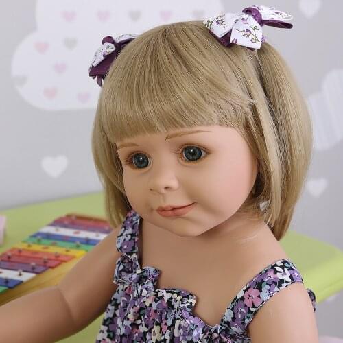 NPK Reborn Baby Doll 87cm Vinyl Full Body Lifelike Girl Doll Can Stand Cute Bath Dolls with Floral Halter Top and Denim Shorts