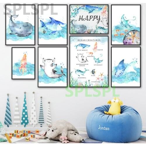 Sea Animal Blue Whale Shark Octopus Lobster Wall Art Canvas Painting Nordic Posters And Prints Wall Pictures For Kids Room Decor