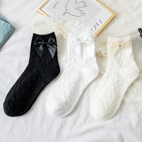 Japanese Fashion Socks Women Cute Butterfly-knot Black White Lace Socks Lolita Cotton Breathable Mary Jane Crew Sock For Girls