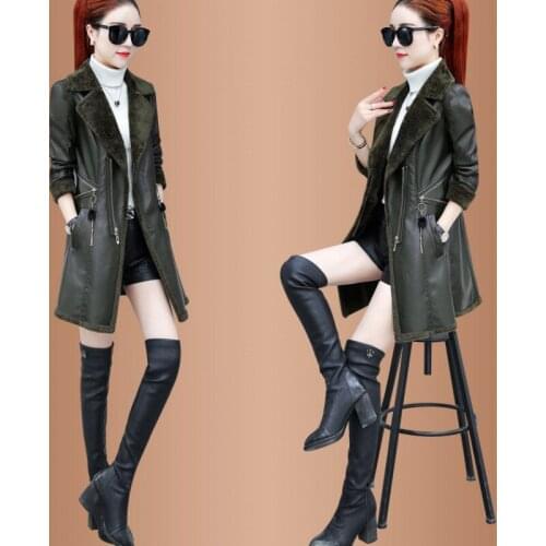 NEW Leather womens long autumn and winter new trench coat PU fur one plus velvet padded warm coat leather leather jacket women