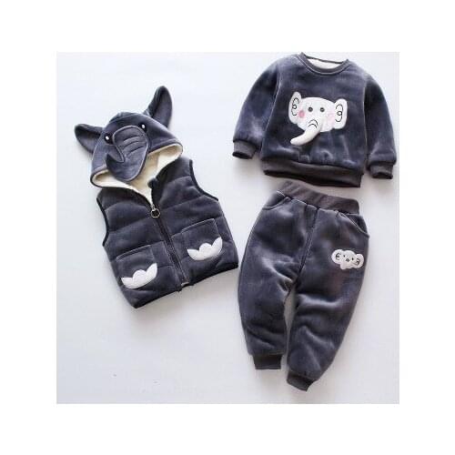 Autumn Winter Velvet Sport Elephant 3pcs Infant Boys Girls Baby Clothes Pullover jacket Sweatshirt+Tops+vest pants outfits bebes