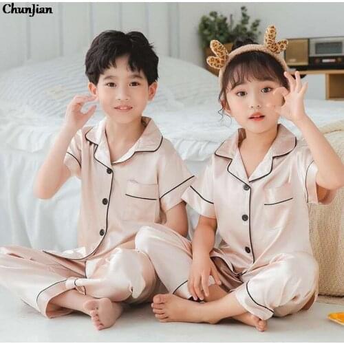 Pajamas Silk for Teenager Children Satin Pajamas Toddler Girls Night Dress Champagne Silk Sleepwear Summer 2pcs Clothing Sets
