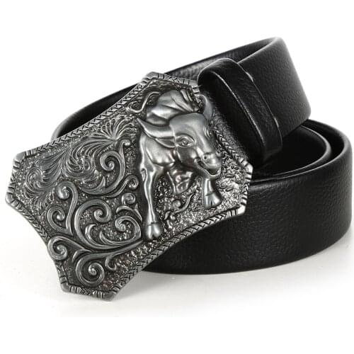 Western cowboy cow belt with vintage flower zinc alloy leather buckle real cowhide belt