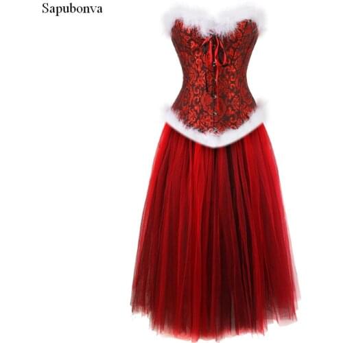 Sapubonva Christmas womans corsets for dresses up costumes black red mesh long skirt bustier corset floral victorian plus size