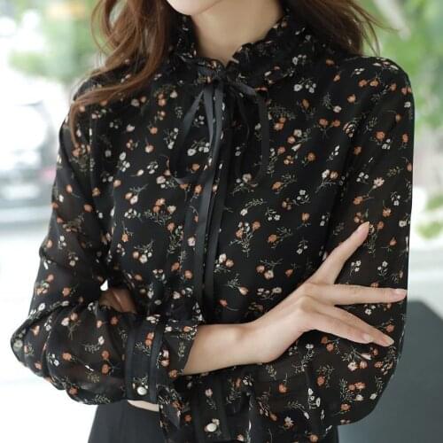 Chiffon Stand Collar Bow Bottoming Shirt Blouse Womens Spring 2021 New Long-sleeved Floral Top