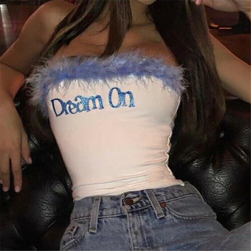 Sexy Off Shoulder Crop Tops Women Strapless Fur Feather Patchwork Stretch Letter Print Tank Vest Top Tee Shirt