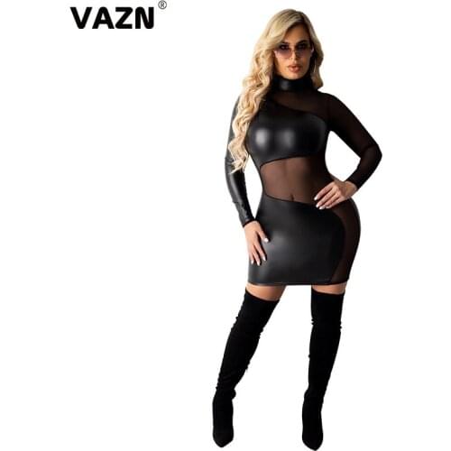 VAZN New 2021 Full Sleeve Party Cocktail Short Mini Dress Clear Fresh Sexy Regular Dress Women Elegant Fashion Dress Slim Dress