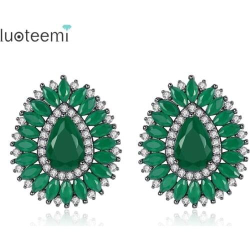 LUOTEEMI Fashion Hot Sale Stud Earrings for Women Wedding Party Jewelry Drop Shape CZ Stone Green and Pink Color Christmas Gifts