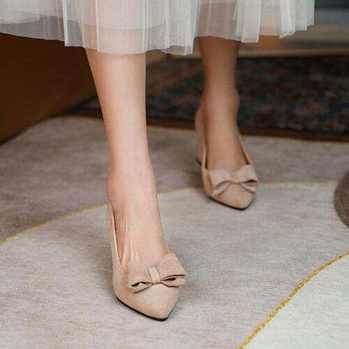 Ochanmeb Faux Suede Leather Shoes Women Black Pink Nude Block Heels Pumps Woman Sweet Bow Autumn Fall Dress Office Shoe Footwear