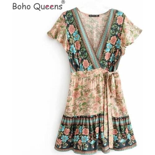 Boho Queens women floral print V-neck rayon cotton Vacation Bohemian mini dress Ladies short sleeve Boho dresses vestidos