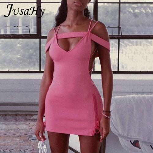 JuSaHy Y2K Sexy Off Shoulder Mini Dress for Women Fashion Solid Hollow Out Backless Zipper Skinny Party Clubwear Summer Outfits