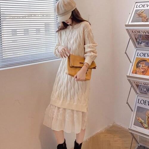 Hstar Women Autumn Winter 2021 Solid Medium Length Woolen Dress Mesh Hem Stitching Knitted Bottomed Skirt Long Sleeve Dresses