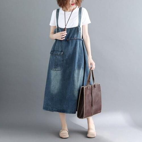 Women Loose Denim Dress Ladies Spaghetti Strap Dress Female Casual Bleached Denim Dress 2020 Spring Summer