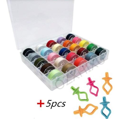 25PC Sewing Bobbins Mixed Colors Polyester Sewing Thread Transparent Plastic Bobbin Holder Home Sewing Machine Accessories Set