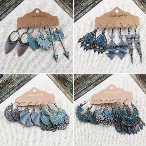 3 pairs/set retro bohemian multi-layer tassel geometric alloy earrings female antique copper irregular earrings earrings jewelry