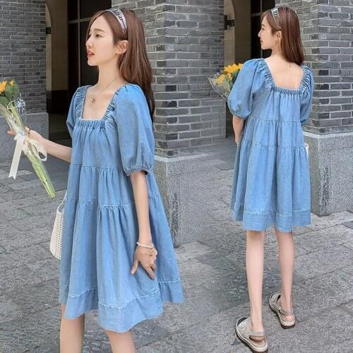 510# Maternity Dress Summer Square Collar Short Sleeve Easy Matching Loose Stylish Dress for Pregnant Women Mom Dress