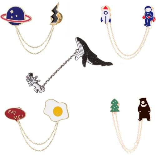 Cartoon Animal Chain Enamel Pin Astronaut Whales Brooches Badge Cute Cat Dog Space Travel Lapel Pins Clothes Men Gift Jewelry