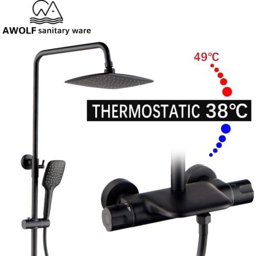 Black Luxury Thermostatic Shower Set Rain Waterfall Shower Bathtub Faucet Bathroom Top HandHeld Shower Head 10" Mixer Tap AH3001
