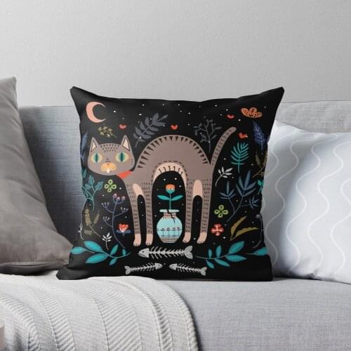 Floral and Cat at night Polyester Decor Pillow Case Home Cushion Cover 45*45cm