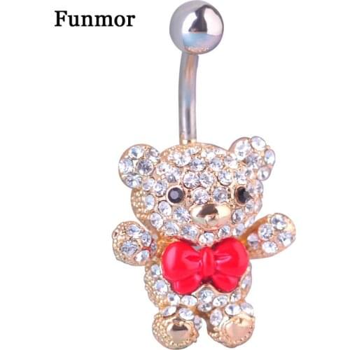 Red Bow Tie Little Bear Navel Belly Button Rings 316L Surgical Steel Kawaii Piercing For Women 14G 1.6mm Bar Sexy Body Jewelry