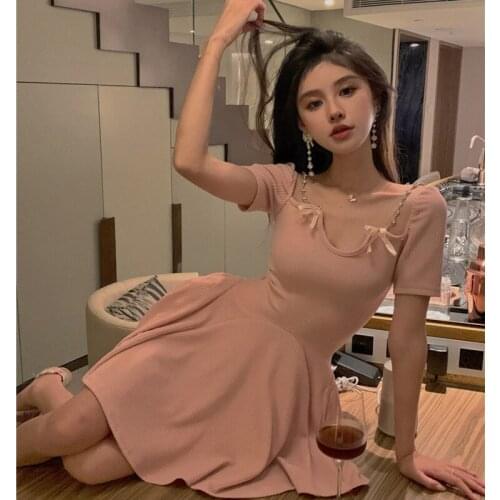 2021 Summer One-Piece Pink Women Dress Korean Casual Short Sleeve Sexy Party Mini Dress Female Cute Outwear Elegant Knitt Dress