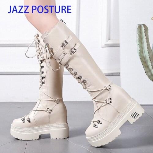 10cm Heel Motorcycle Boots Black Knee High Boots Punk Cosplay Boots Fashion Goth Wedges Platform High Heels Boots Women Shoes