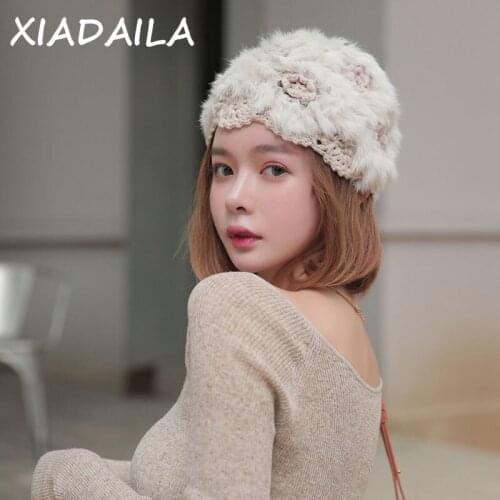 New Style Knitted Real Rabbit Fur Hat For Women Natural Warm Rabbit Fur Caps Korean style Winter Real Rabbit Fur Skullies Cap