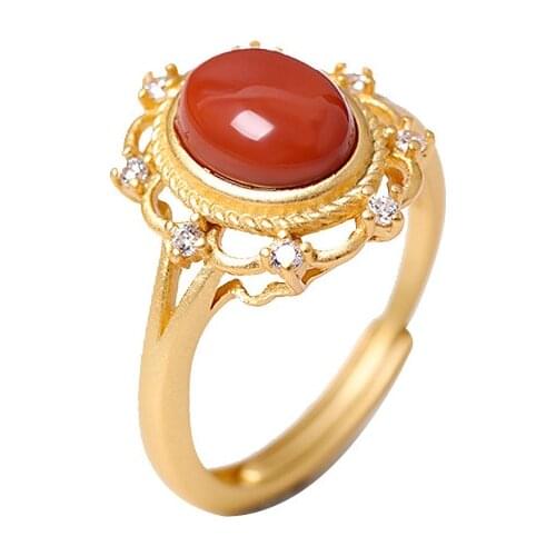 New S925 Sterling Silver Gold-Plated Inlaid Southern Red Agate AAA Zircon Lace Ring Fashion Retro Womens Ring