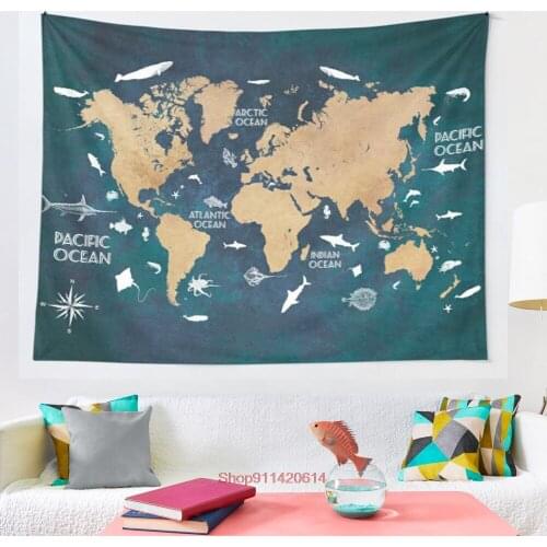 Oceans Life World Map blue map worldmap tapestry Coverlet Curtain Blanket Bedding Sheet Towel Throw Window Curtain Tapestries