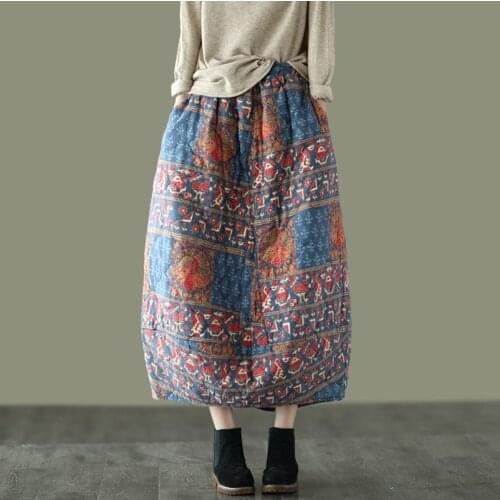 Autumn National Style Vintage Loose Long Skirts Female Cotton Linen Skirt Women Winter Print Elastic Waist Thick Bud Skirt Lady