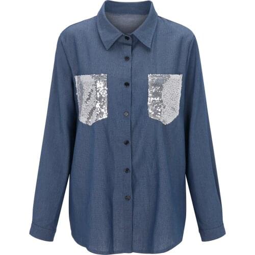 Autumn Womens Solid Long Sleeve Lapel Sequin Pocket Shirt Female Sexy Office Denim Button Shirt Ladies Shirt Verano Mujer #t3g