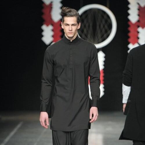 Hot Chinese Style Men Ong Sections Long-sleeve Stand Collar Shirt Male Slim Shirts Thin Top Black White Plus Size Clothes S-5xl