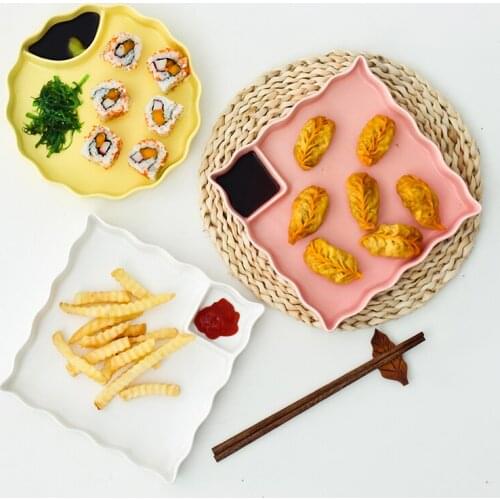 Creative Ceramic Dumpling Dish with Vinegar Dish round Rectangular Dumpling Plate French Fries Snack Dish Household Tableware