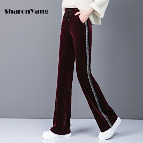 M-9XL Autumn Womens Wide Leg Pants Side Stripe Gold Velvet Casual Loose Long Pants Women High Waist Plus Size Pleuche Trousers