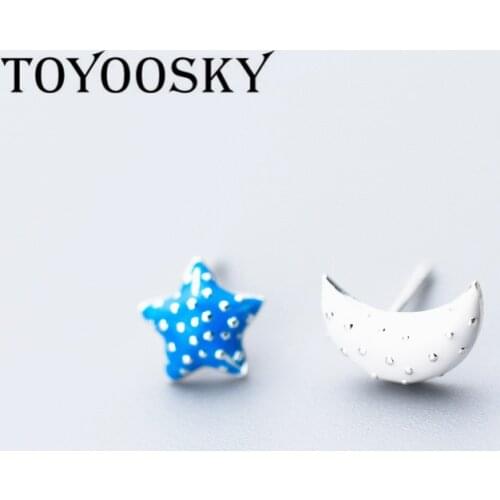 TOYOOSKY New Arrival Real 925 Sterling Silver Fairy Tale Star Moon Asymmetrical Earrings Stud for Girl Child Fashion Silver Jewe