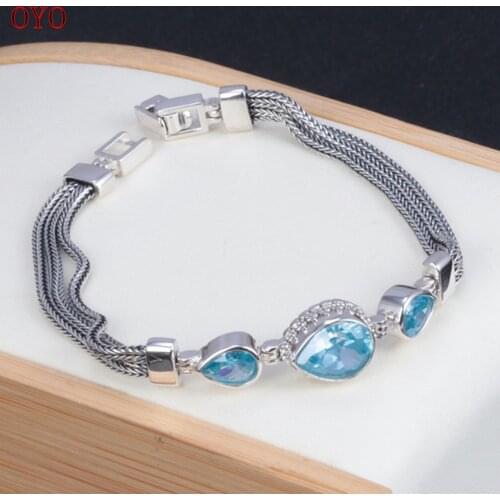 100% s925 sterling silver water drop blue zircon bracelet women fashion sweet temperament bracelet chain