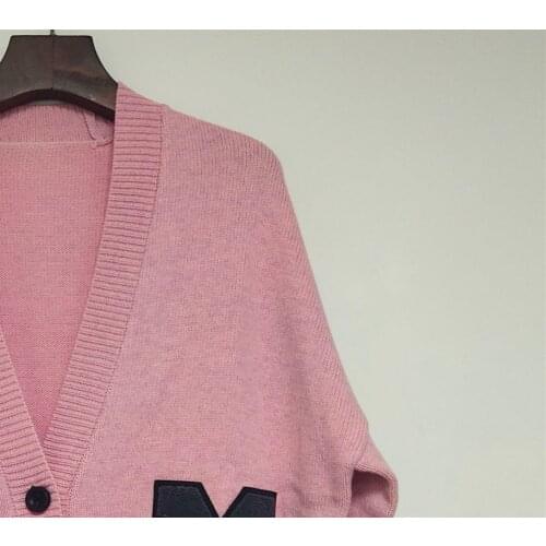 V-neck 100% Wool Knit Cardigan Women Pink Long Sleeve Single Breasted Loose Letter Embroidery Sweet Ladies Autumn Winter Sweater