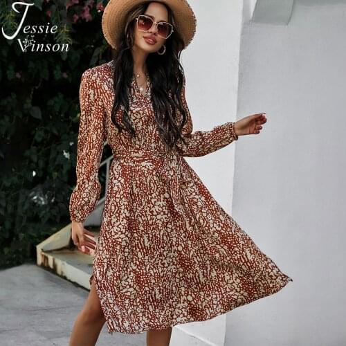 Jessie Vinson Elegant Print Midi Dress Women Long Sleeve V-neck Belted Split Beach Dress Spring Vestidos Holiday ZA Dress Robe