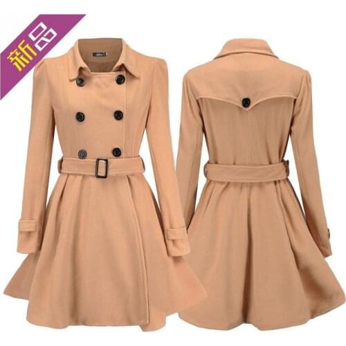2019 European and American Self-cultivation Lotus Leaf Edge Wool Coat Belt Button Wool Coat Windshield Woman trench