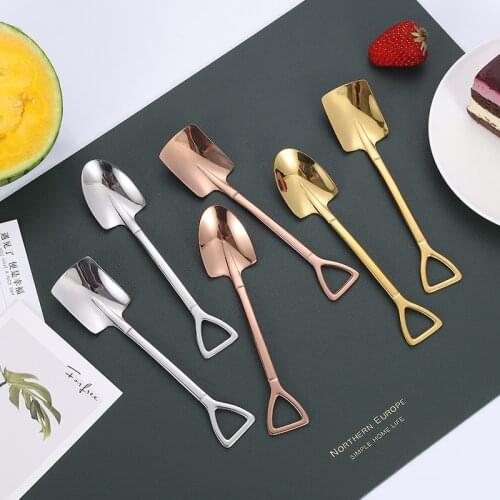 1Pc Creative Metal Ice Cream Coffee Spoon Stainless Steel Shovel Shape Shell Tea Gold Spoons Afternoon Tea Dessert Spoon