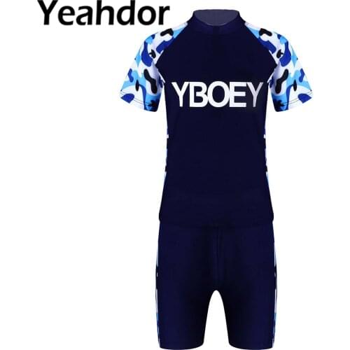 3Pcs Kids Boys Swimwear Swimsuit Short Sleeves Camouflage Print T-shirt with Shorts and Cap Set Beach Pool Swimming Bathing Suit