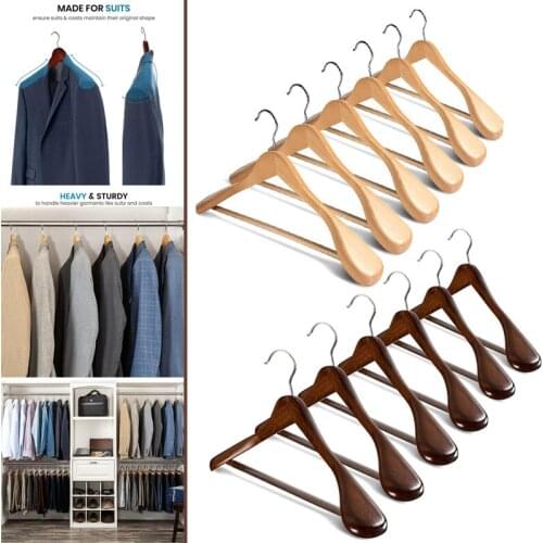 6 Pcs High-grade Wide Shoulder Wooden Hangers With Non Slip Pants Bar For Coat Clothes Dress Suit Solid Wood Drying Rack
