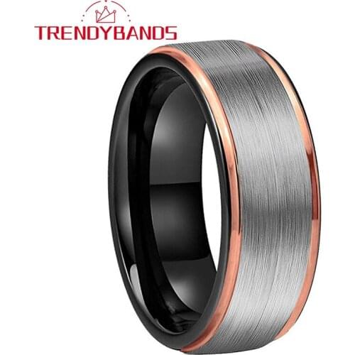 8MM Tungsten Carbide Rings Mens Womens Wedding Bands Two Tone Black Rose Gold Brushed Finnish Comfort Fit