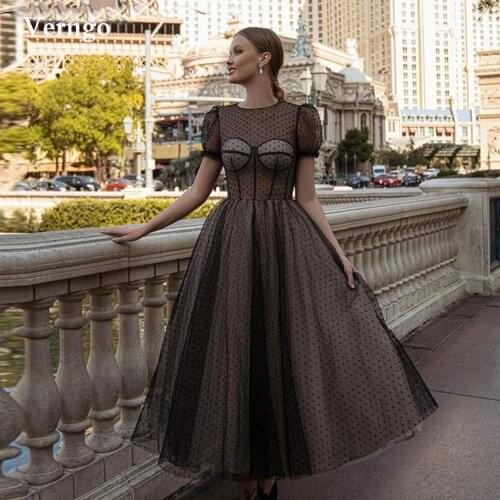 Verngo Modest Black Polka Dotted Tulle Evening Party Dresses Formal Short Sleeves O-Neck Ankle Length Prom Gown Mother Maxi
