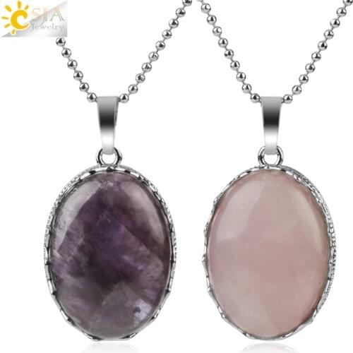CSJA 30x20mm Natural Stones Pendants Necklaces Reiki Tiger Eye Crystal Oval Beads Crown Bezel Silver Color Fashion Jewelry G212